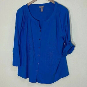 2/$30 Chicos Size 3 Blouse Blue V-neck Cotton Modal Top Shirt